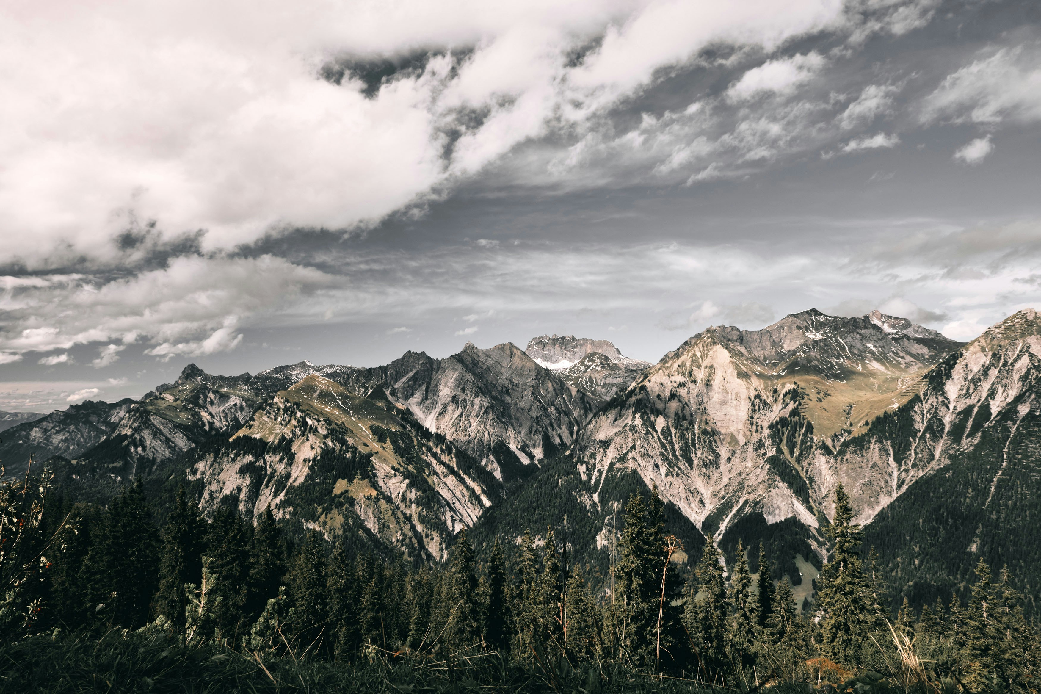 green trees near mountain under cloudy sky during daytime